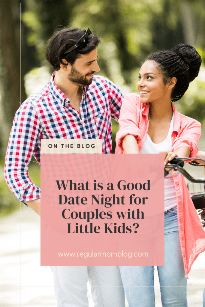 A white man and a black woman are standing next to each other. They are looking lovingly at each other while walking in a park. The blog post is about date nights for couples with little kids.