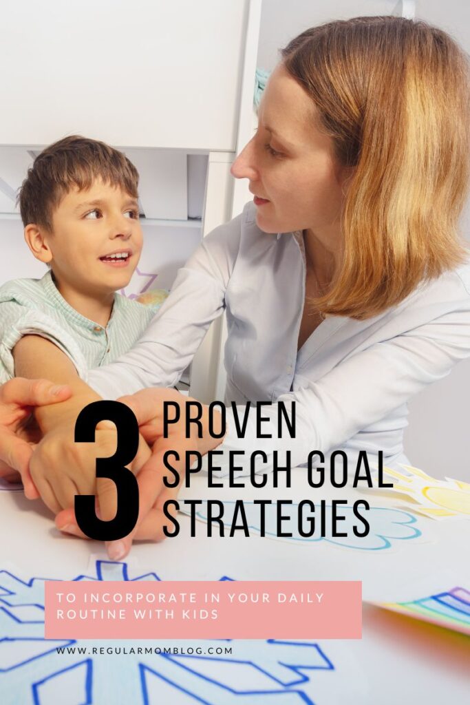 A mother and son practice speech therapy at home. Theylook at each other and point to a picture of a snowflake. The description of the blog post is on the photo.