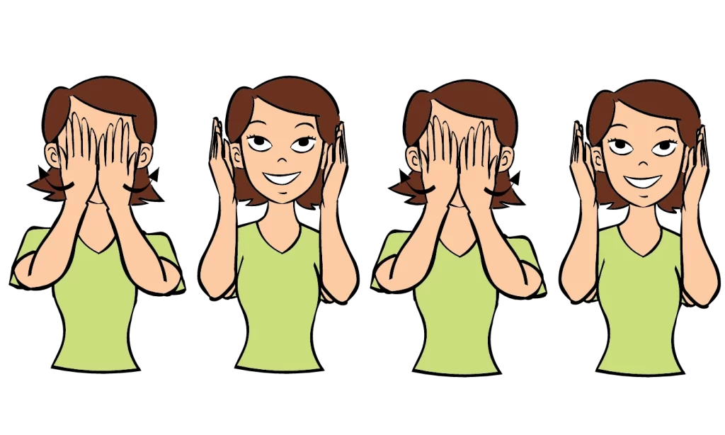 a cartoon woman with brown hair demonstrates the ASL sign for peek a boo.
