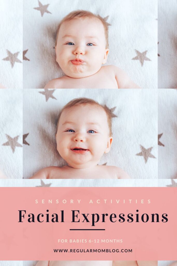 A baby makes different facial expressions as the blog post is about facial expressions sensory activities for babies.
