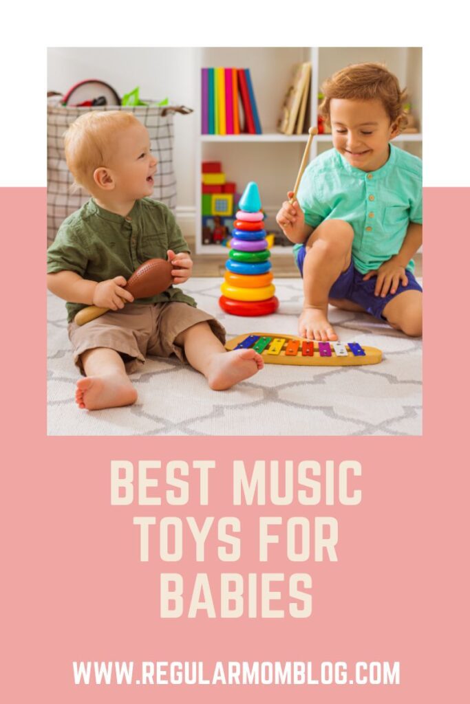 the main photo of the blog post features a baby and a toddler sitting on the floor playing with music toys for babies.