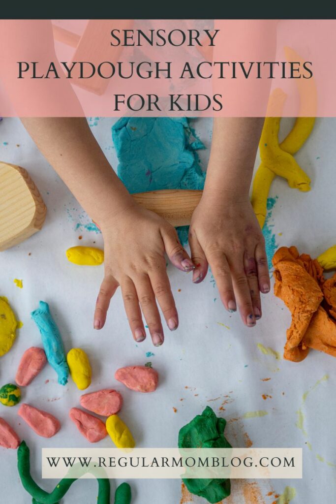 a blog graphic with a pair of hands molding and shaping colorful playdough for playdough activities for kids.