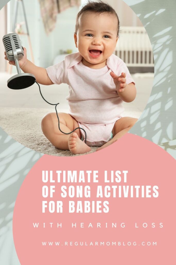 a baby sits with a microphone and the blog post title is song activities for babies.