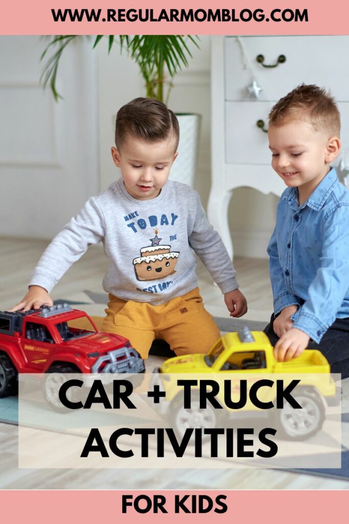 two boys playing big cars on a blog graphic for car and truck activities for kids