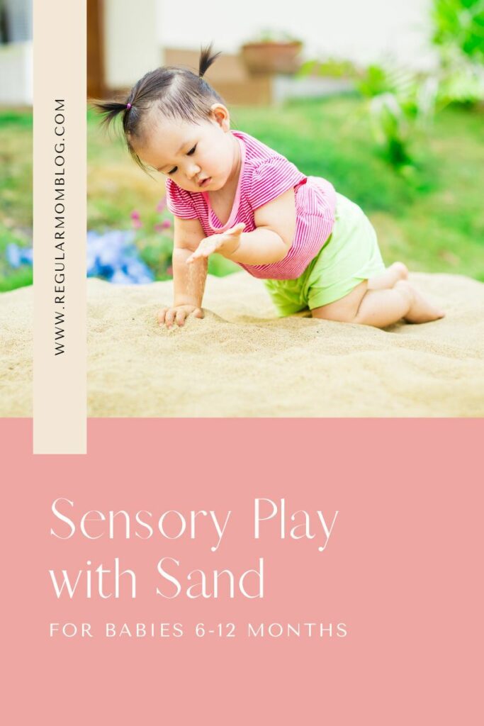 a blog graphic with a baby on a mound of sand looking at the sand in her hands for sensory sand play.