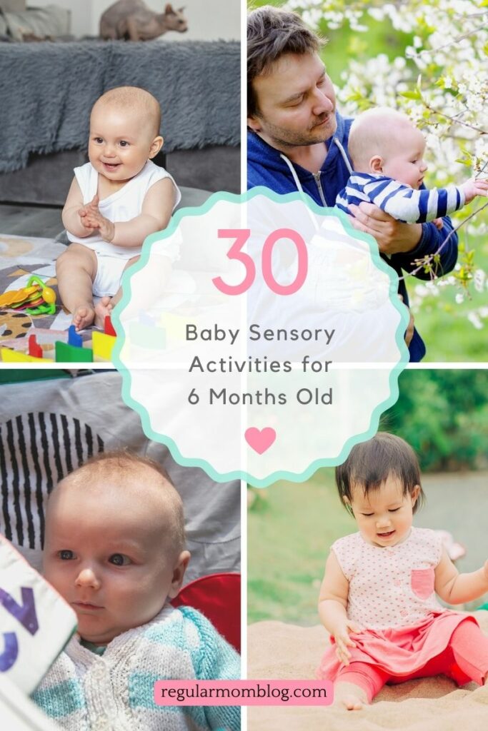 blog graphic that has for pictures of babies engaging in baby sensory activities for 6 months old