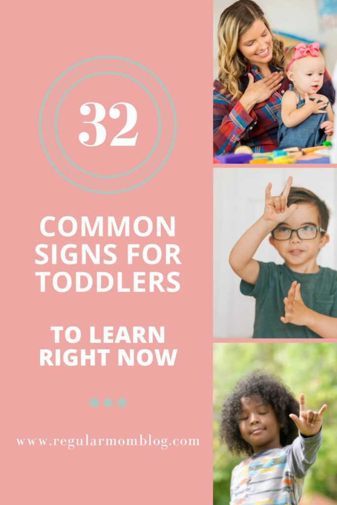 a blog graphic with three pictures of toddlers all doing common sign language signs for toddlers