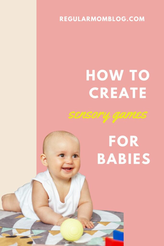 a blog graphic showing a baby playing on a mat for sensory games for babies