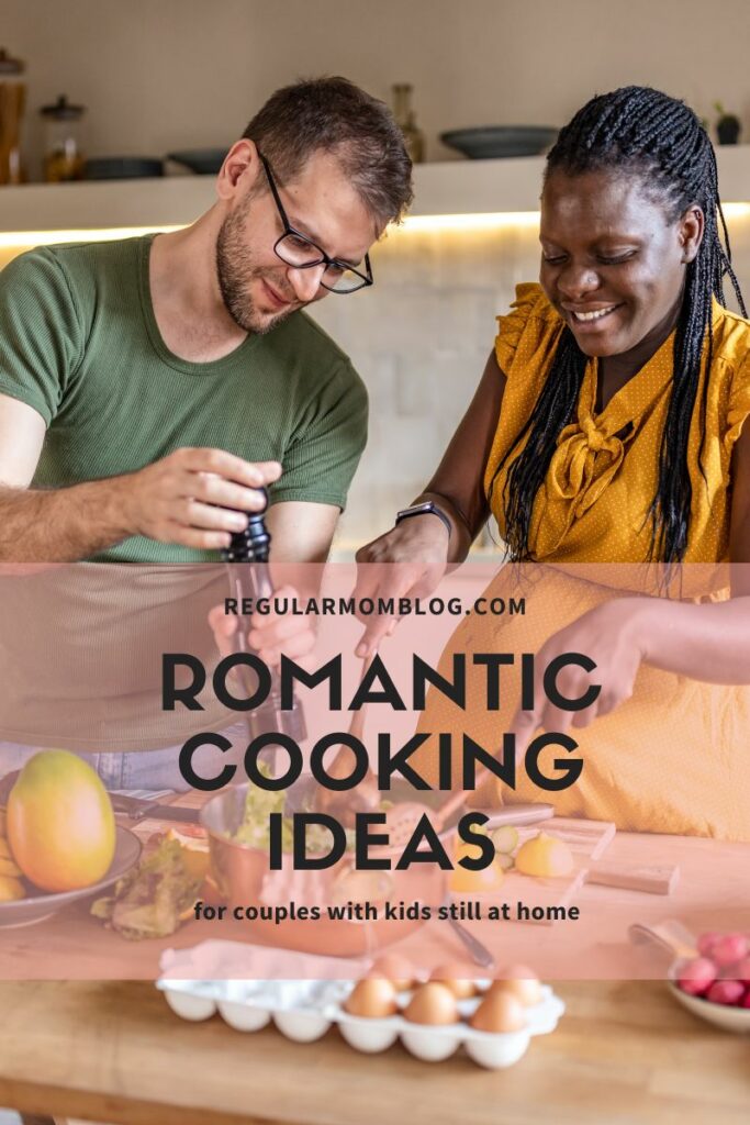 a blog graphic with a man and a woman cooking together in their kitchen
