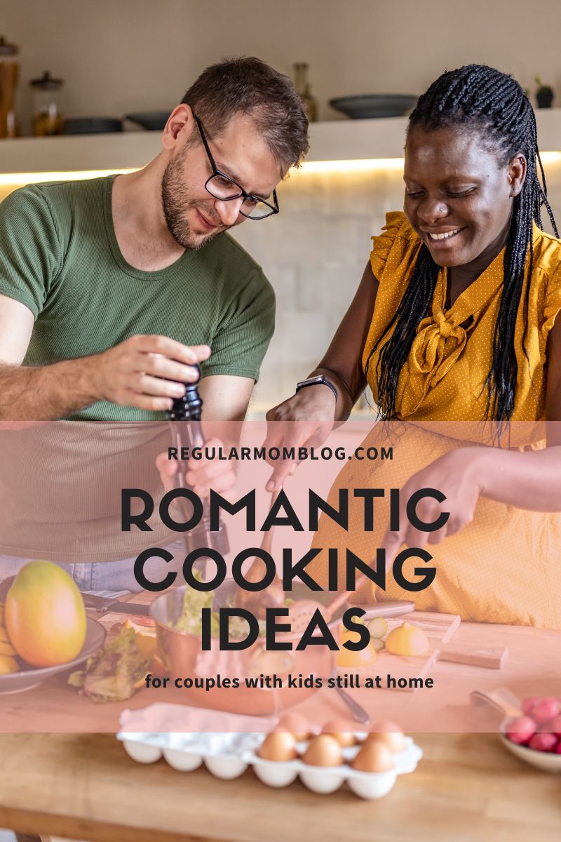 a blog graphic with a man and a woman cooking together in their kitchen