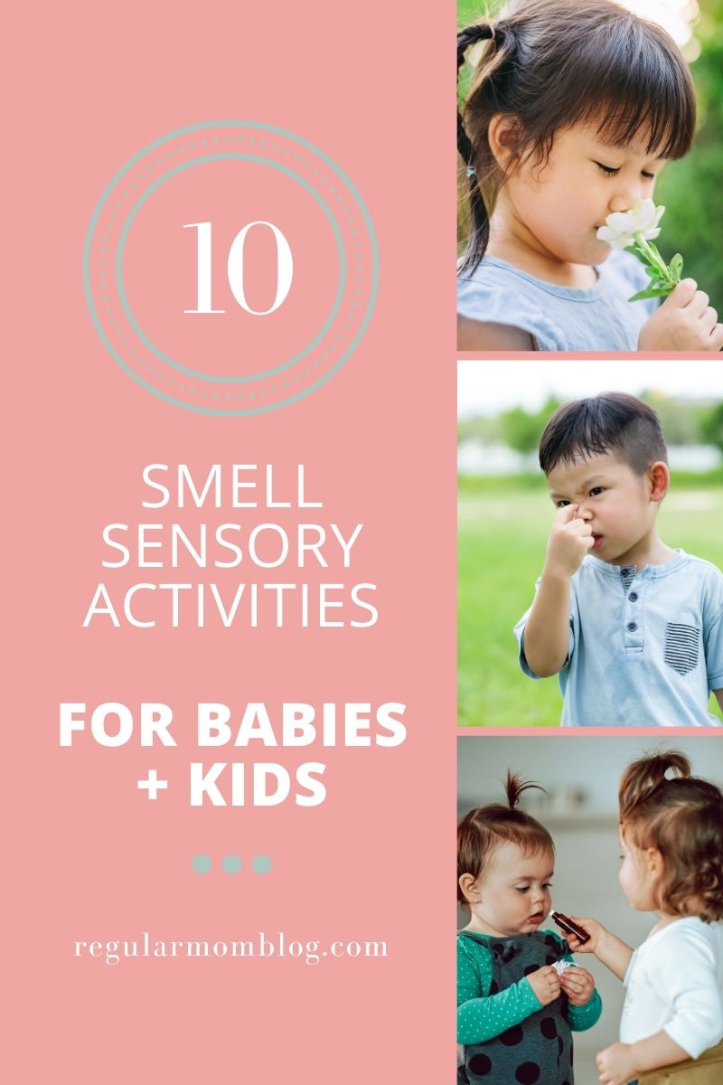 a blog graphic that features three pictures of kids doing smell sensory activities