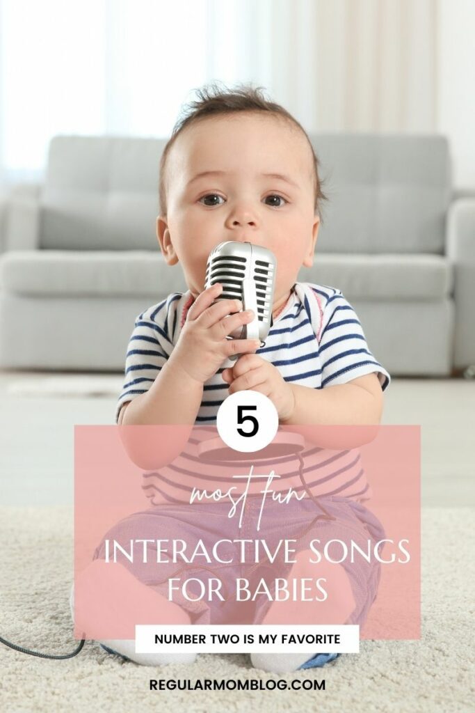 a baby sits on the floor with a microphone in hand for interactive baby songs