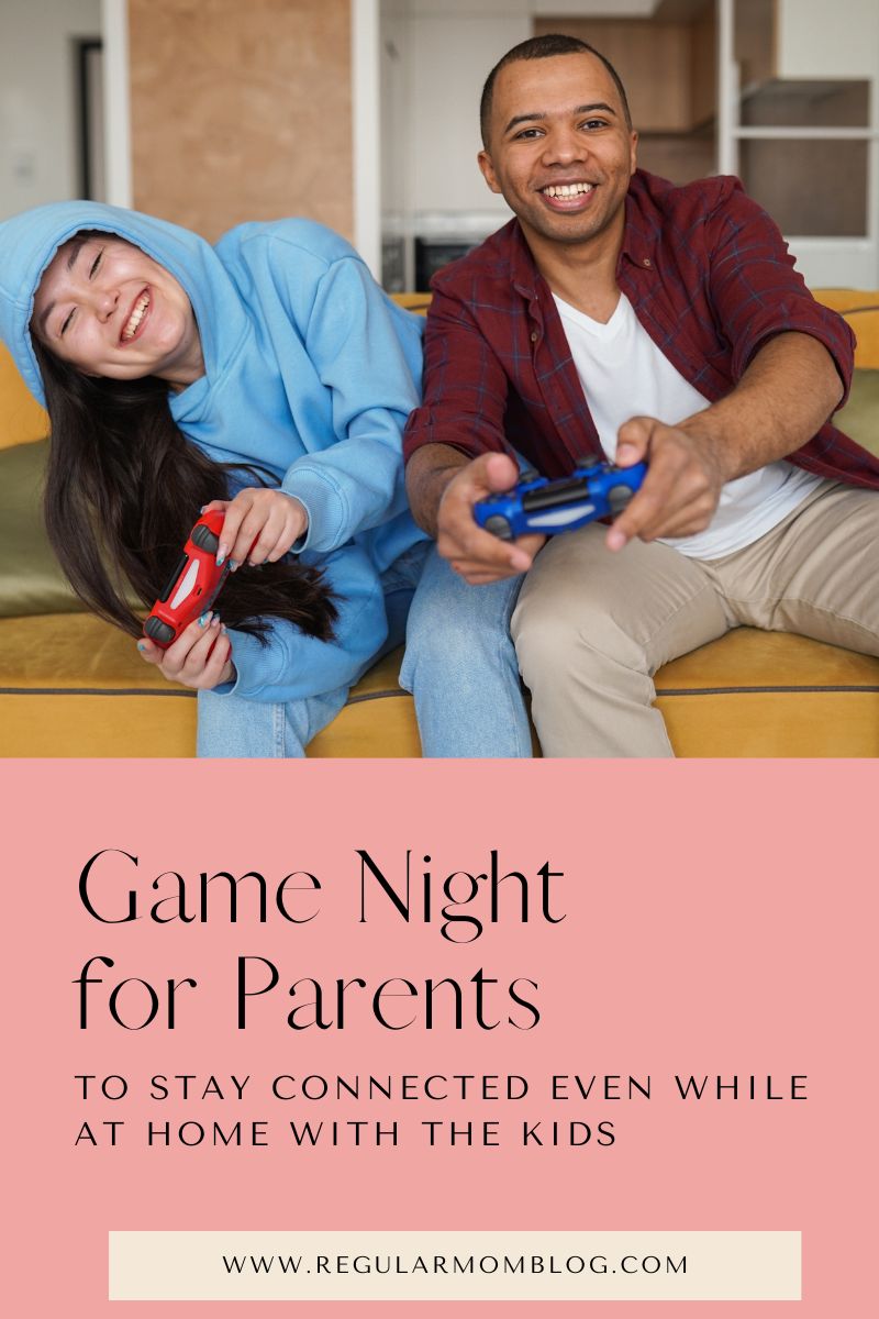 a blog graphic that features a couple that is sitting on the couch and playing video games together for at home game night ideas