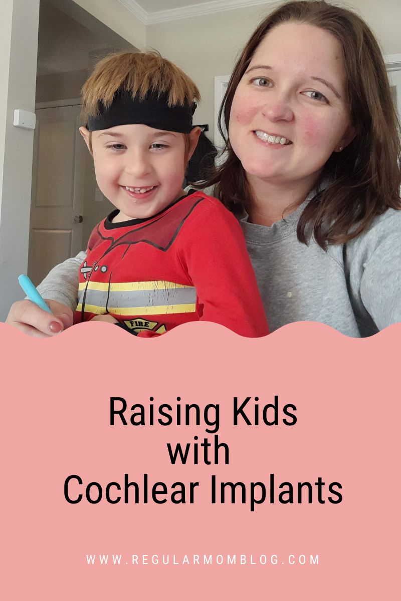 a blog graphic features a mom with her child sitting at a table and the child is wearing cochelar implants