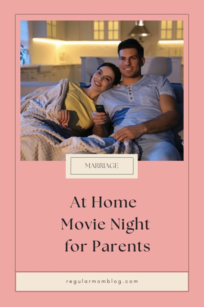 a blog graphic that features a couple sitting on the couch and watching a movie for an at home movie date night
