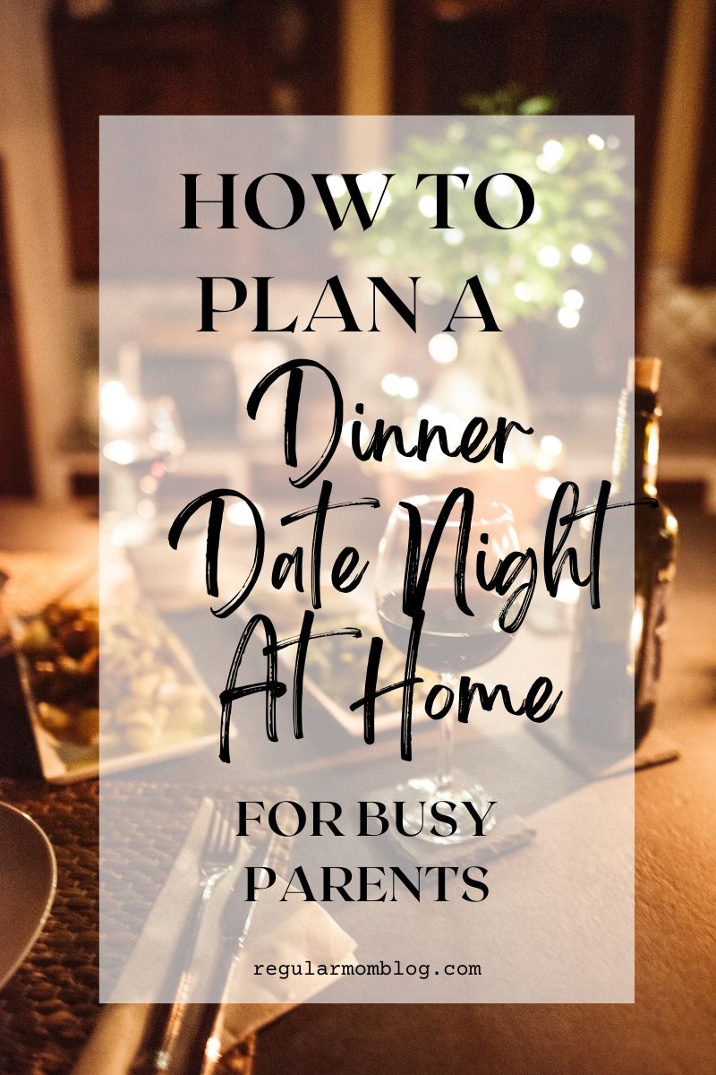 a blog graphic that features a table set with food and wine about a dinner date night at home