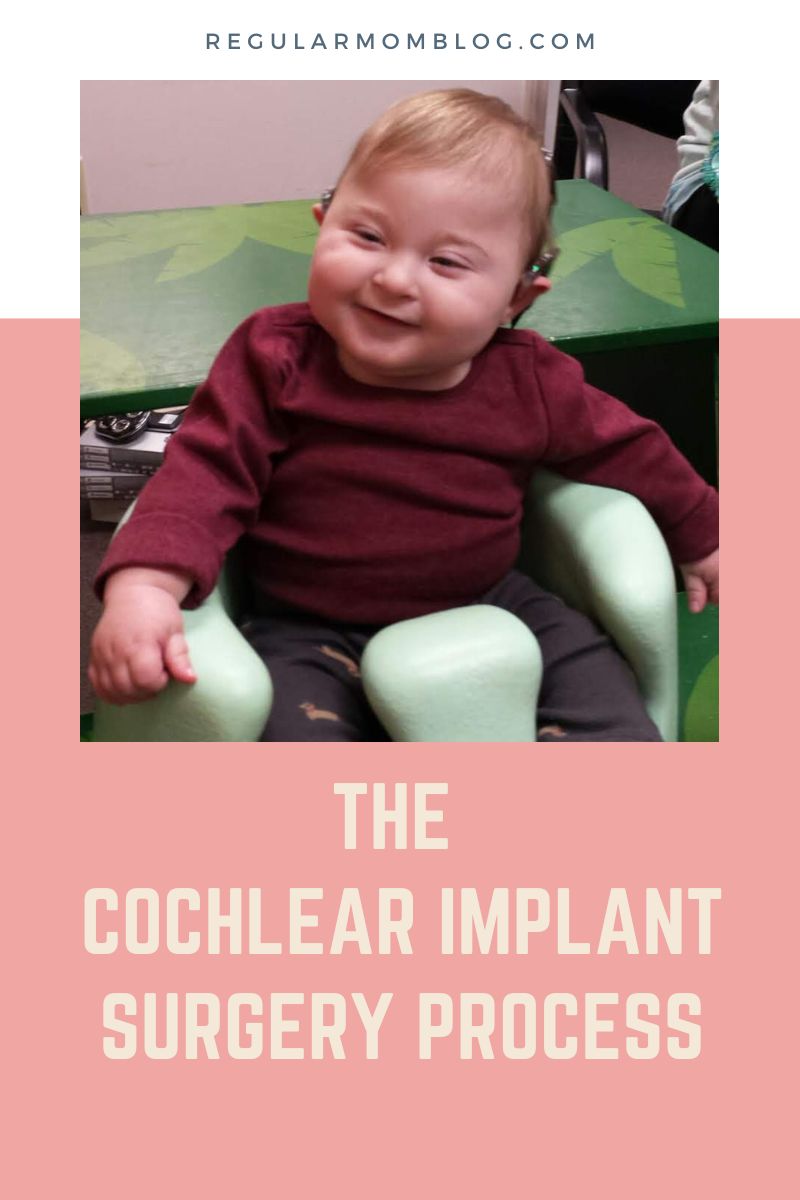 a blog graphic featuring a baby sitting in a bumbo seat and getting new cochlear implants