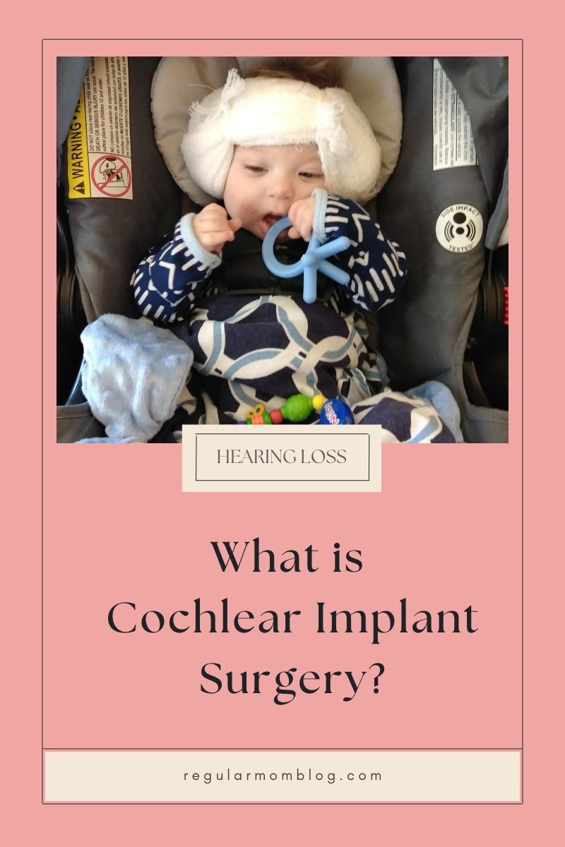 a blog graphic that features a baby with a head wrap who just got out of cochlear implant surgery