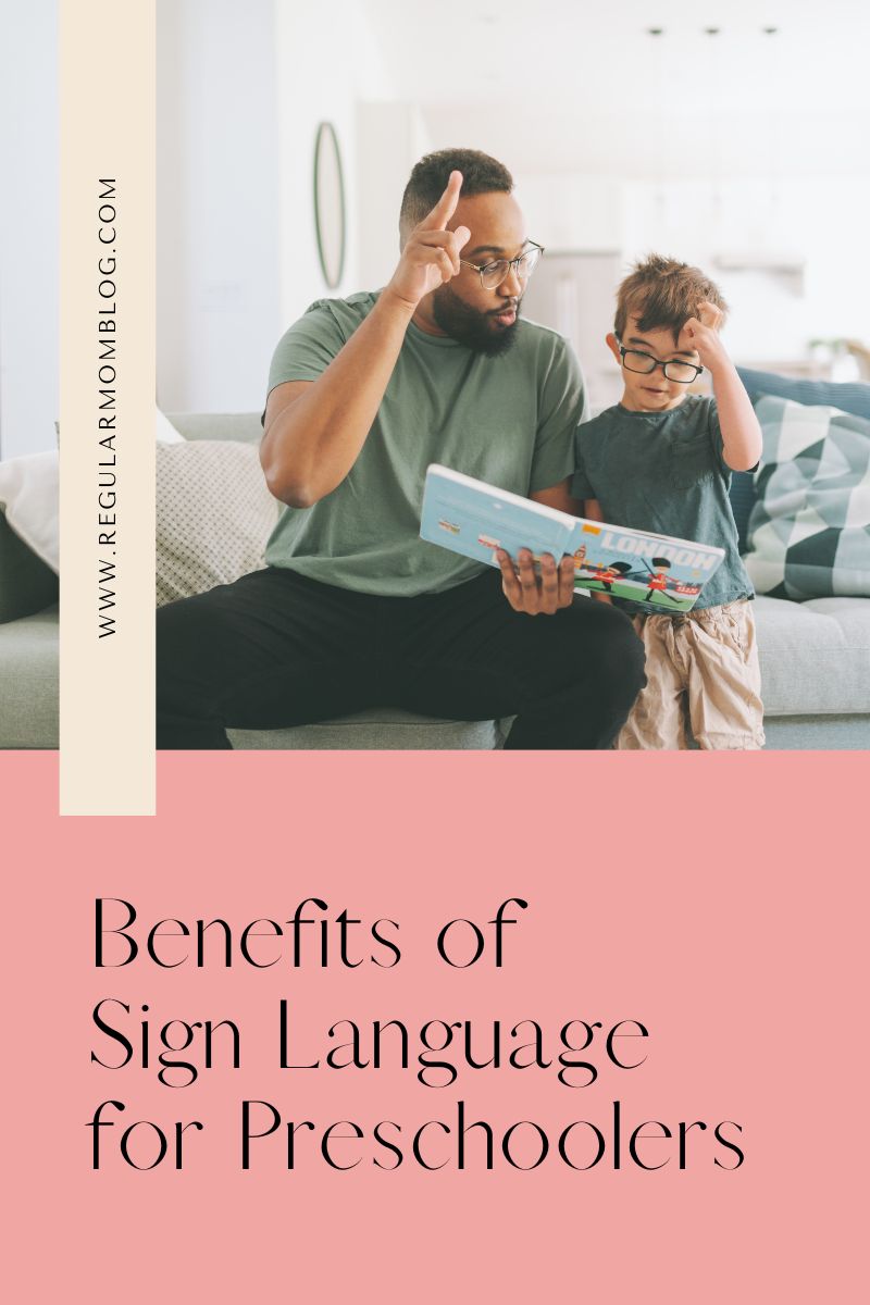a blog graphic featuring a boy and his father practicing sign language together