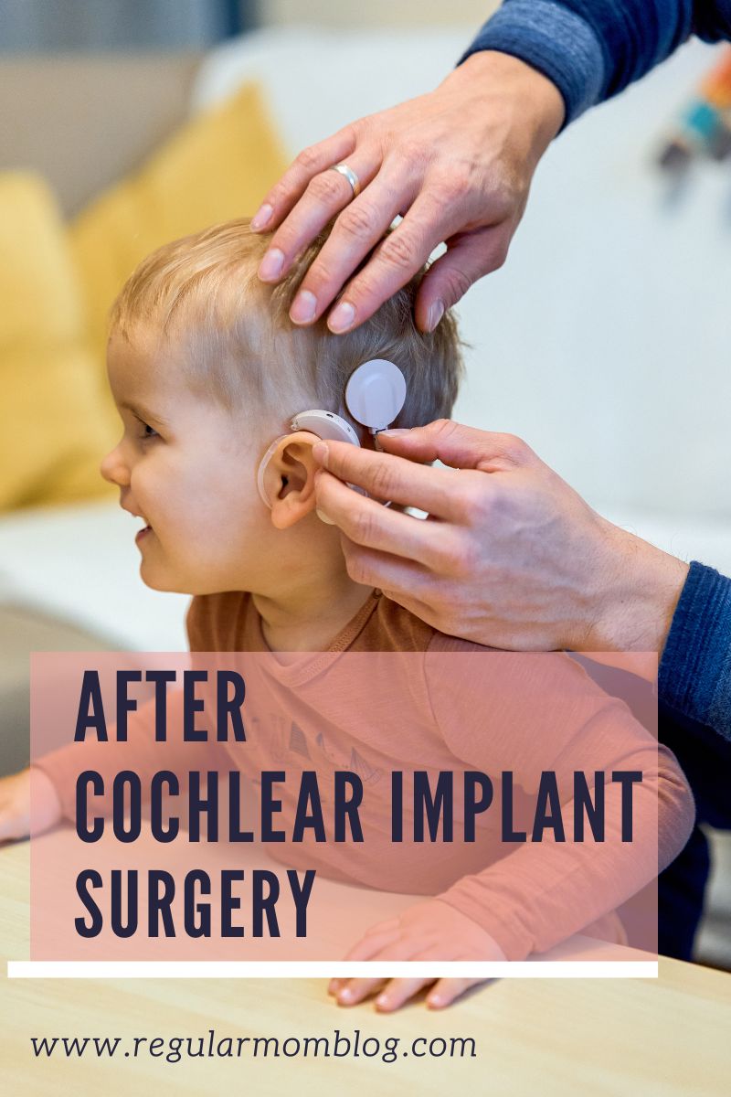 a blog graphic features a child sitting with his profile and a parent putting the cochlear implant on his hear
