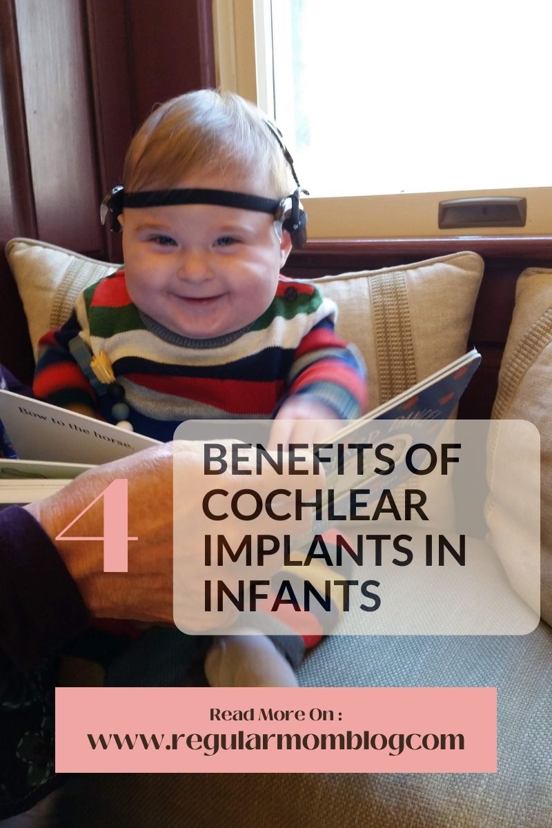 a blog graphic featuring a baby sitting on the sofa nad reading an open book in front of him. he is wearing cochlear implants