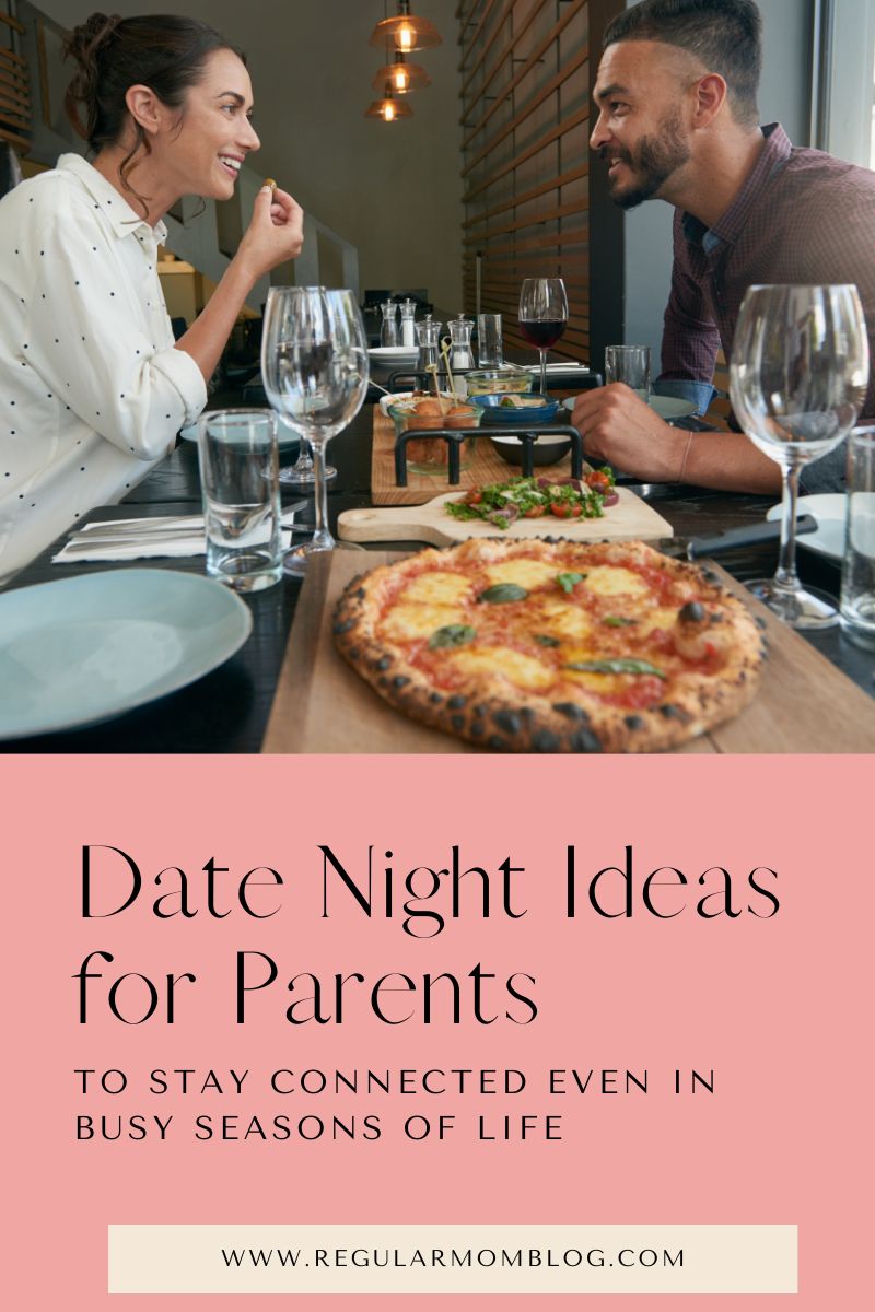 A blog graphic that features a man an a woman sitting at a table and eating pizza while on a date night